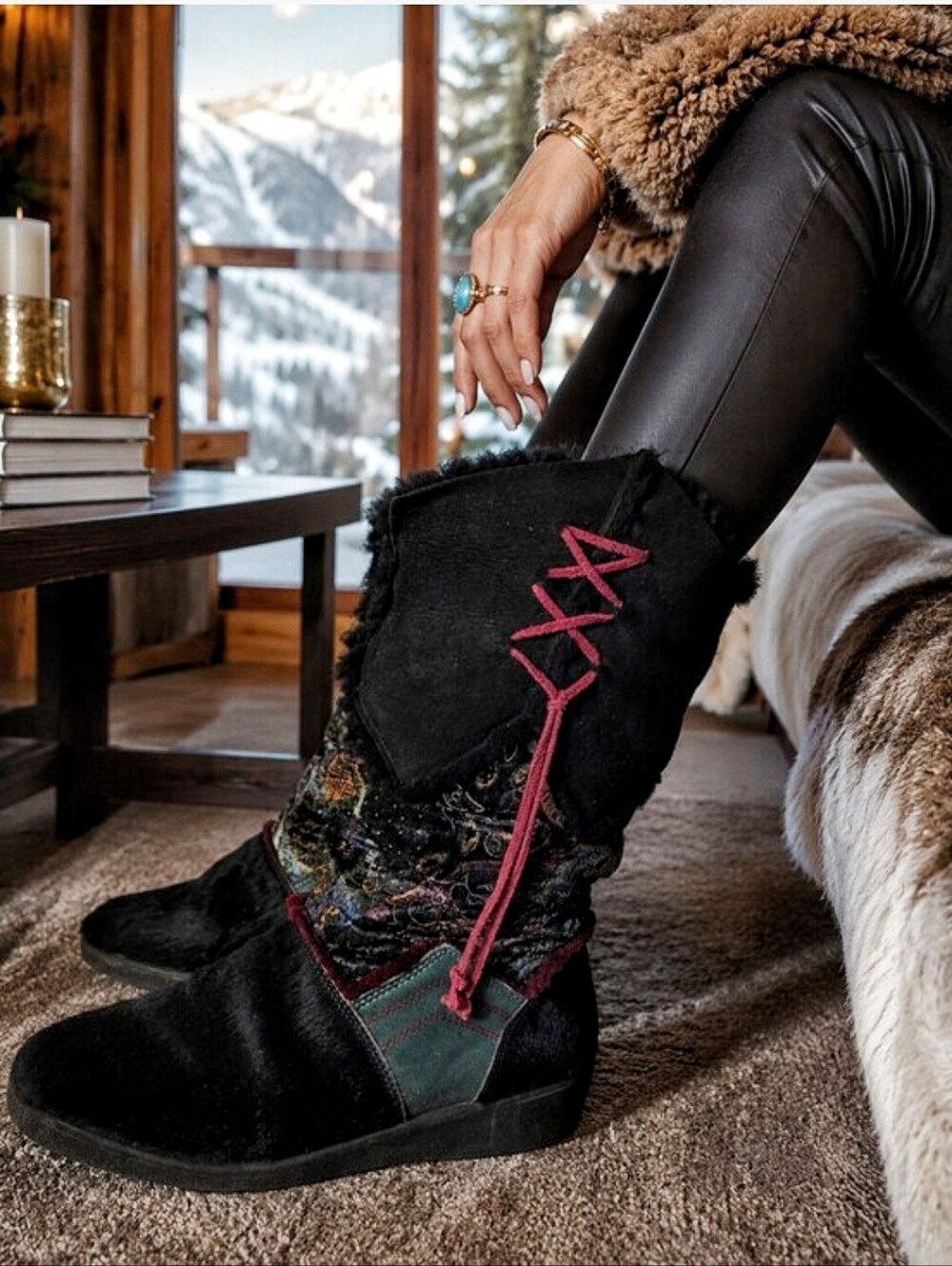 RARE Vintage TECNICA Black Fur Goat Hair Winter Snow Moots Apres Ski